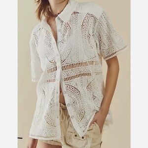 Free People All Things Sweet Eyelet Off White Button Up Shirt